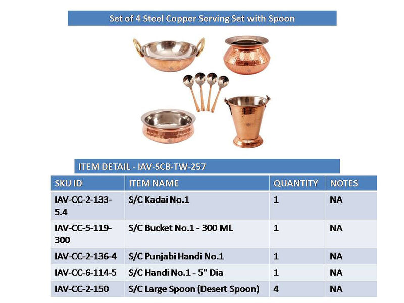 Handmade Pure Steel Copper Serving Set Bucket, Punjabi Handi, Kadai, Handi & 4 Spoons