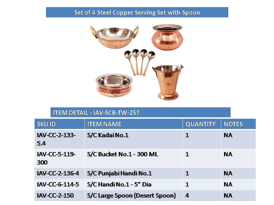 Handmade Pure Steel Copper Serving Set Bucket, Punjabi Handi, Kadai, Handi & 4 Spoons