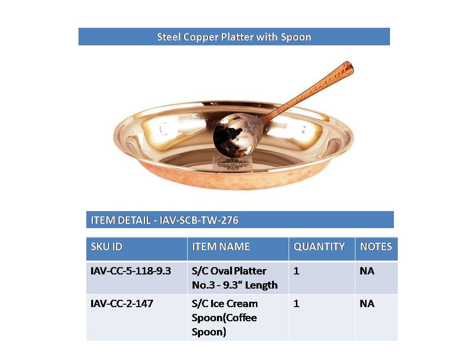 Handmade Pure Steel Copper Oval Platter Plate with Spoon, Tableware, Serveware