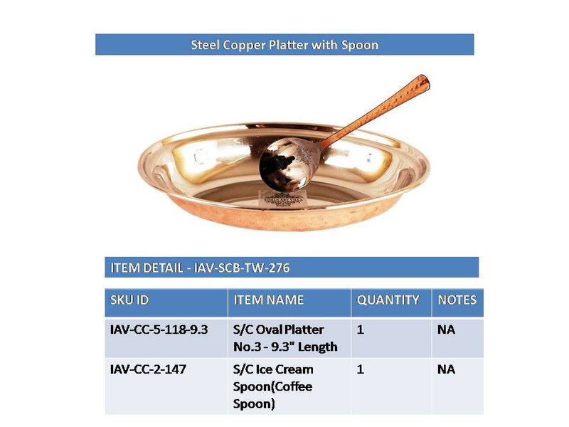 Handmade Pure Steel Copper Oval Platter Plate with Spoon, Tableware, Serveware