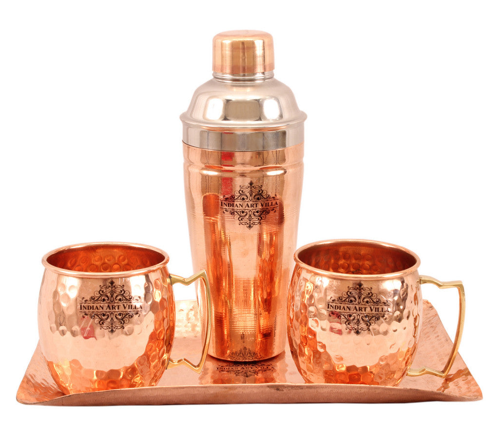 2 Copper Mug Cups with Steel Copper Wine Shaker & 1 Tray Platter, Hammered Design Barware set, 4 Pieces