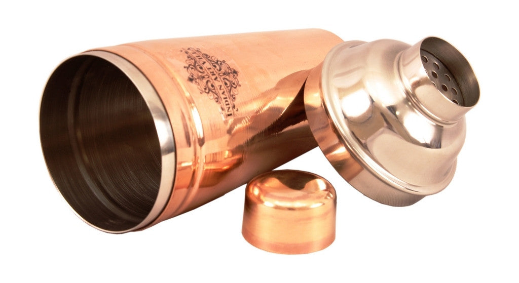 2 Copper Mug Cups with Steel Copper Wine Shaker & 1 Tray Platter, Hammered Design Barware set, 4 Pieces