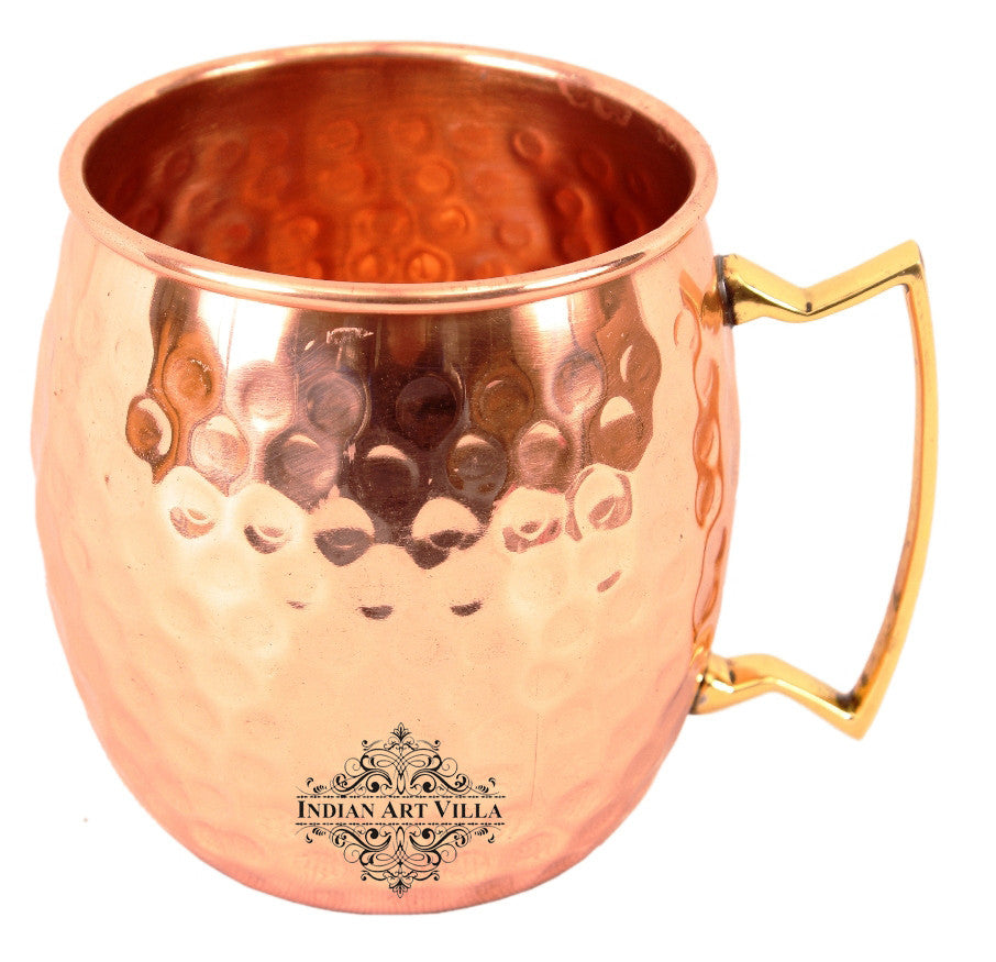 2 Copper Mug Cups with Steel Copper Wine Shaker & 1 Tray Platter, Hammered Design Barware set, 4 Pieces