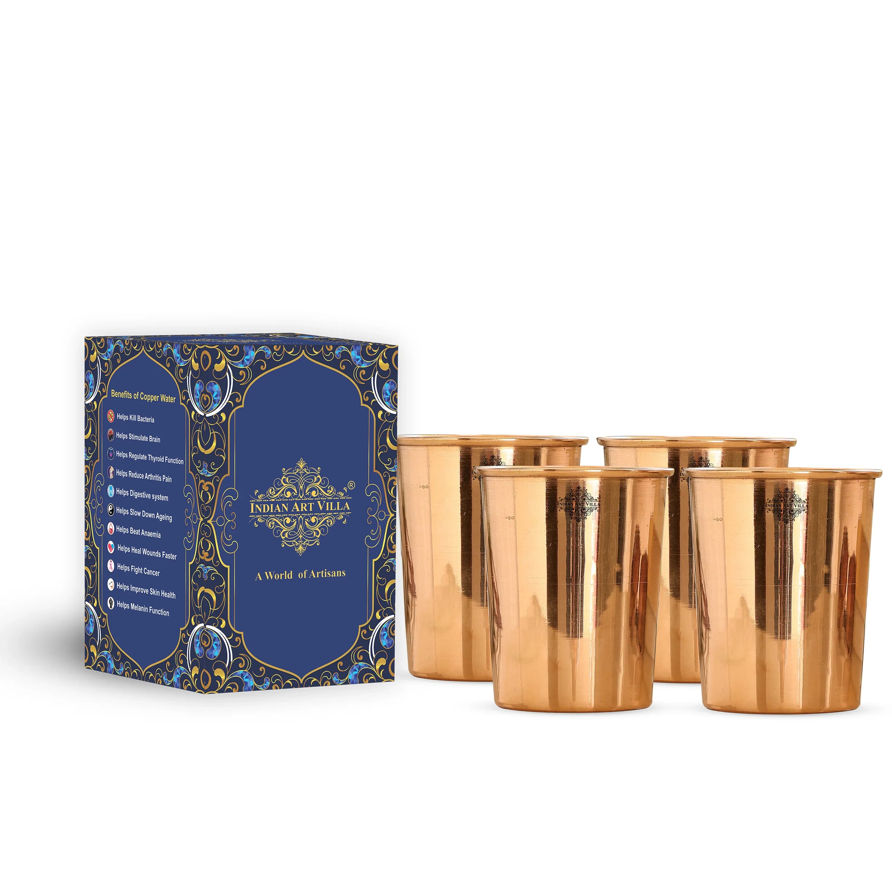 Pure Copper Embossed & Plain Glass with Lid 300ml