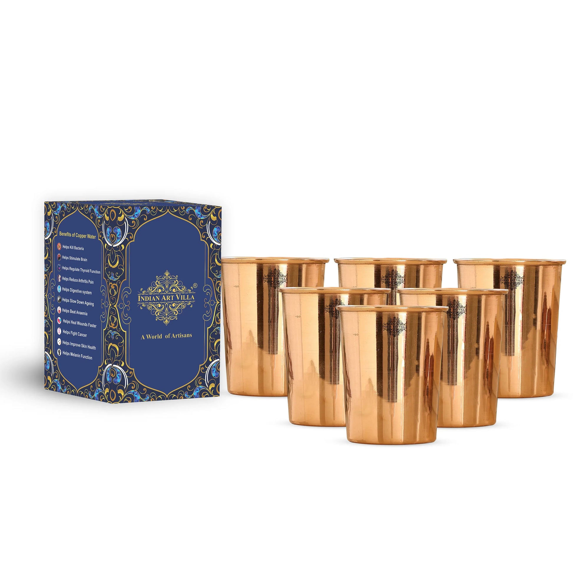 Pure Copper Embossed & Plain Glass with Lid 300ml