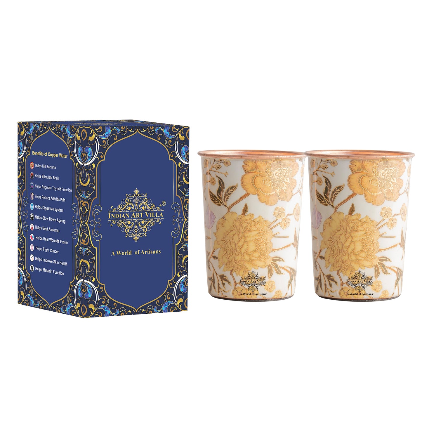 Pure Copper Gold Flower Print Glass – 275 ML