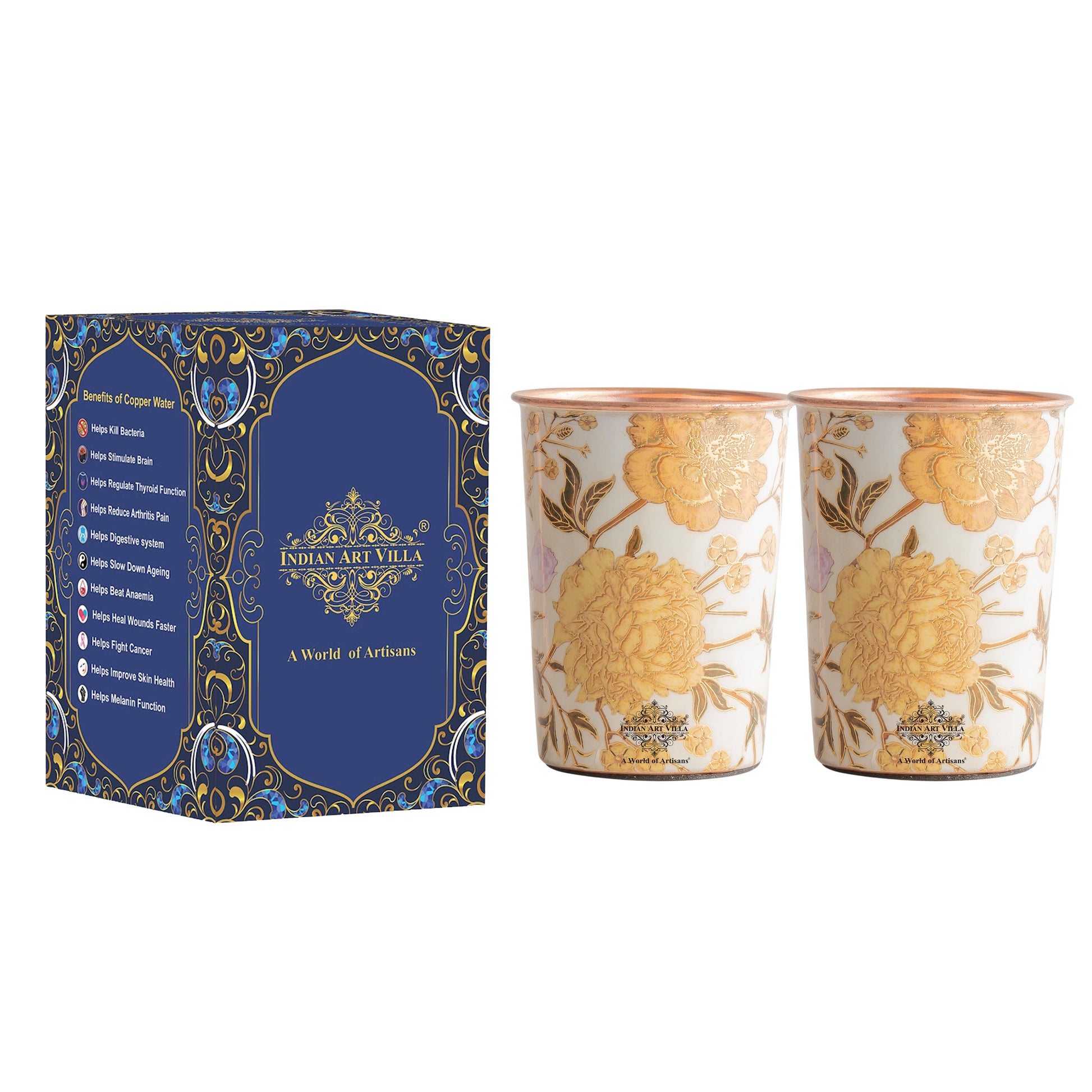 Pure Copper Gold Flower Print Glass – 275 ML
