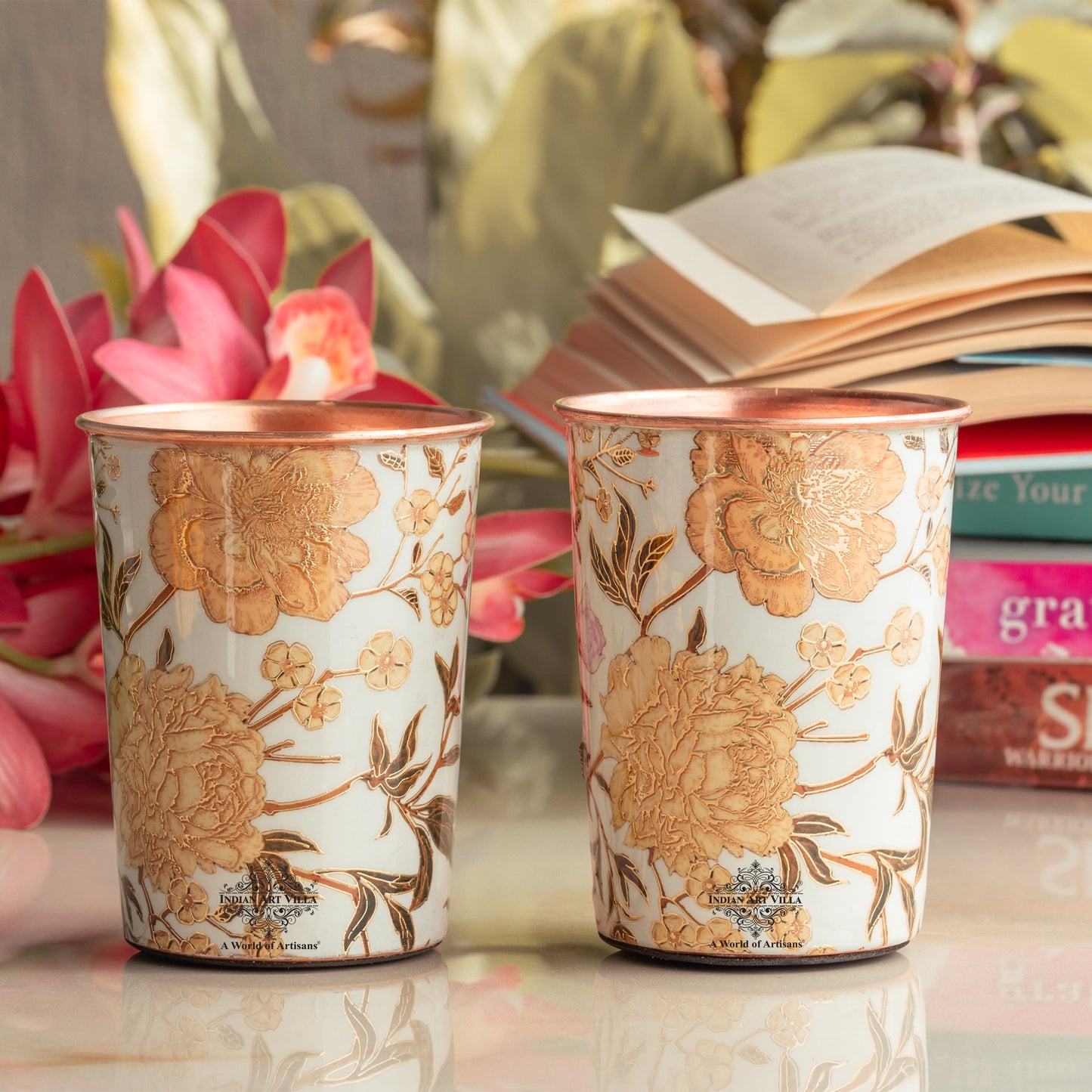 Pure Copper Gold Flower Print Glass – 275 ML