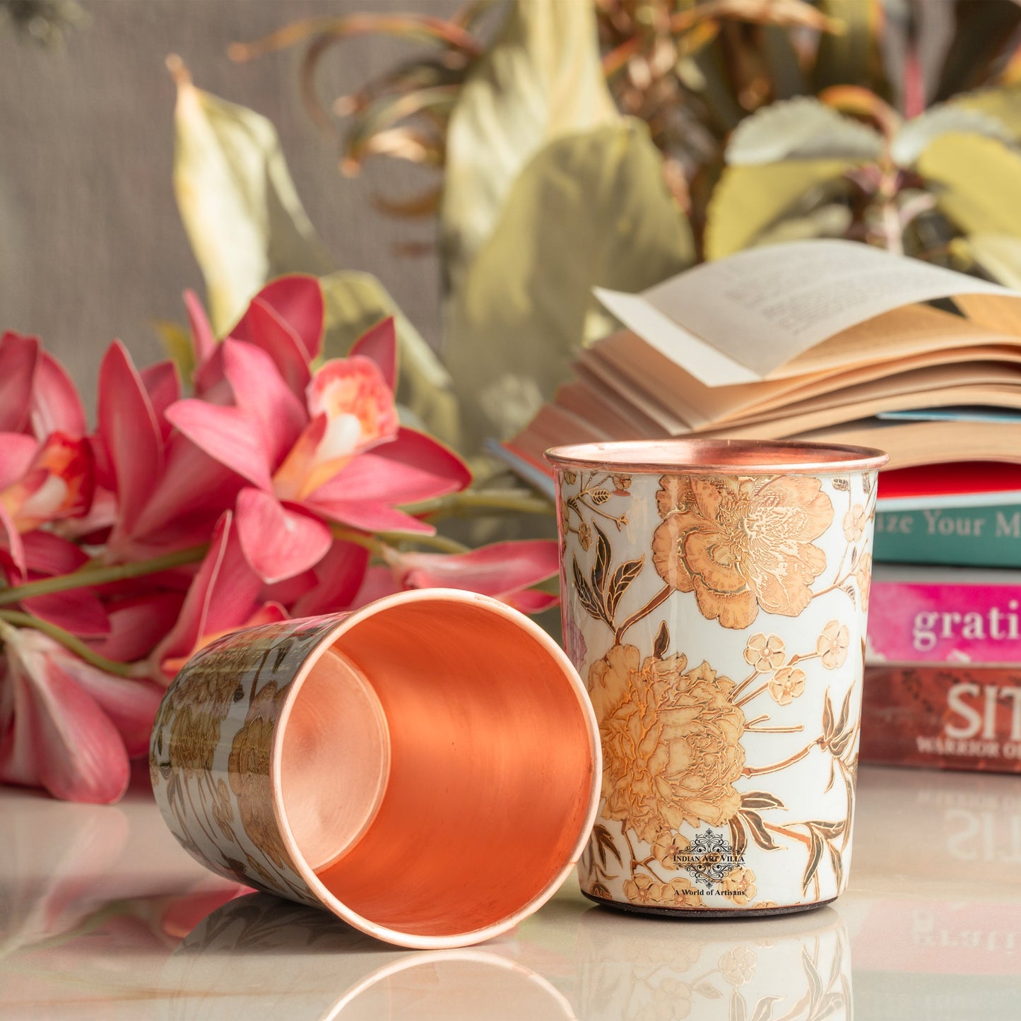 Pure Copper Gold Flower Print Glass – 275 ML