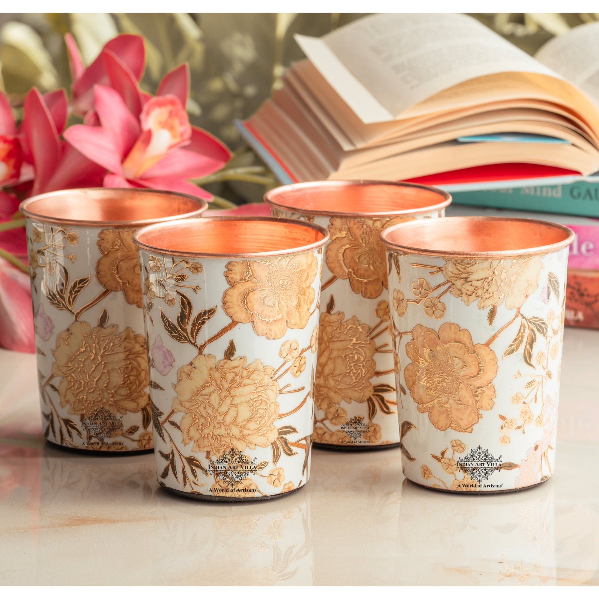 Pure Copper Gold Flower Print Glass – 275 ML