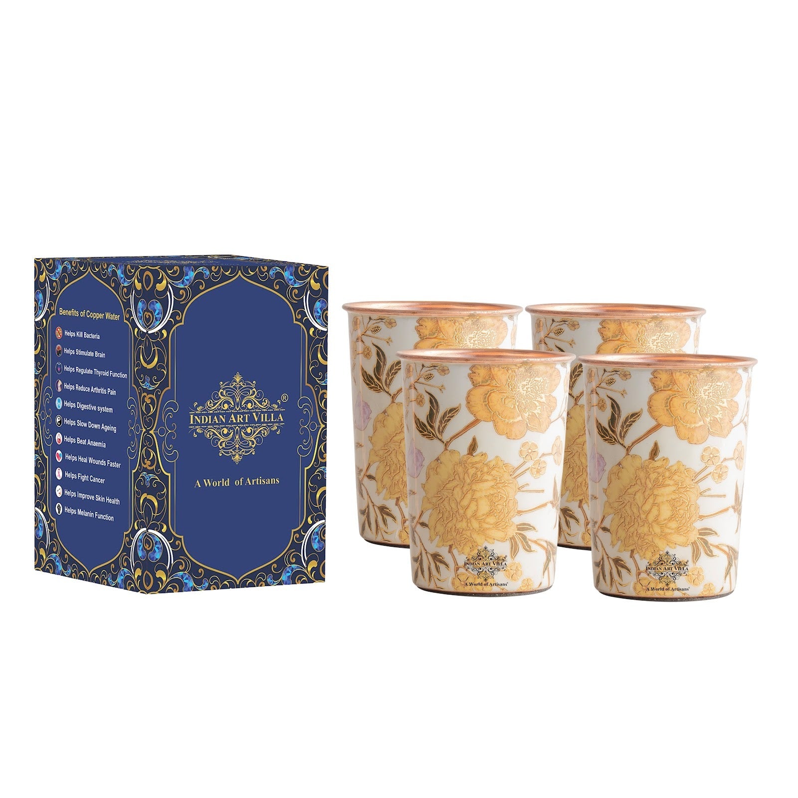 Pure Copper Gold Flower Print Glass – 275 ML