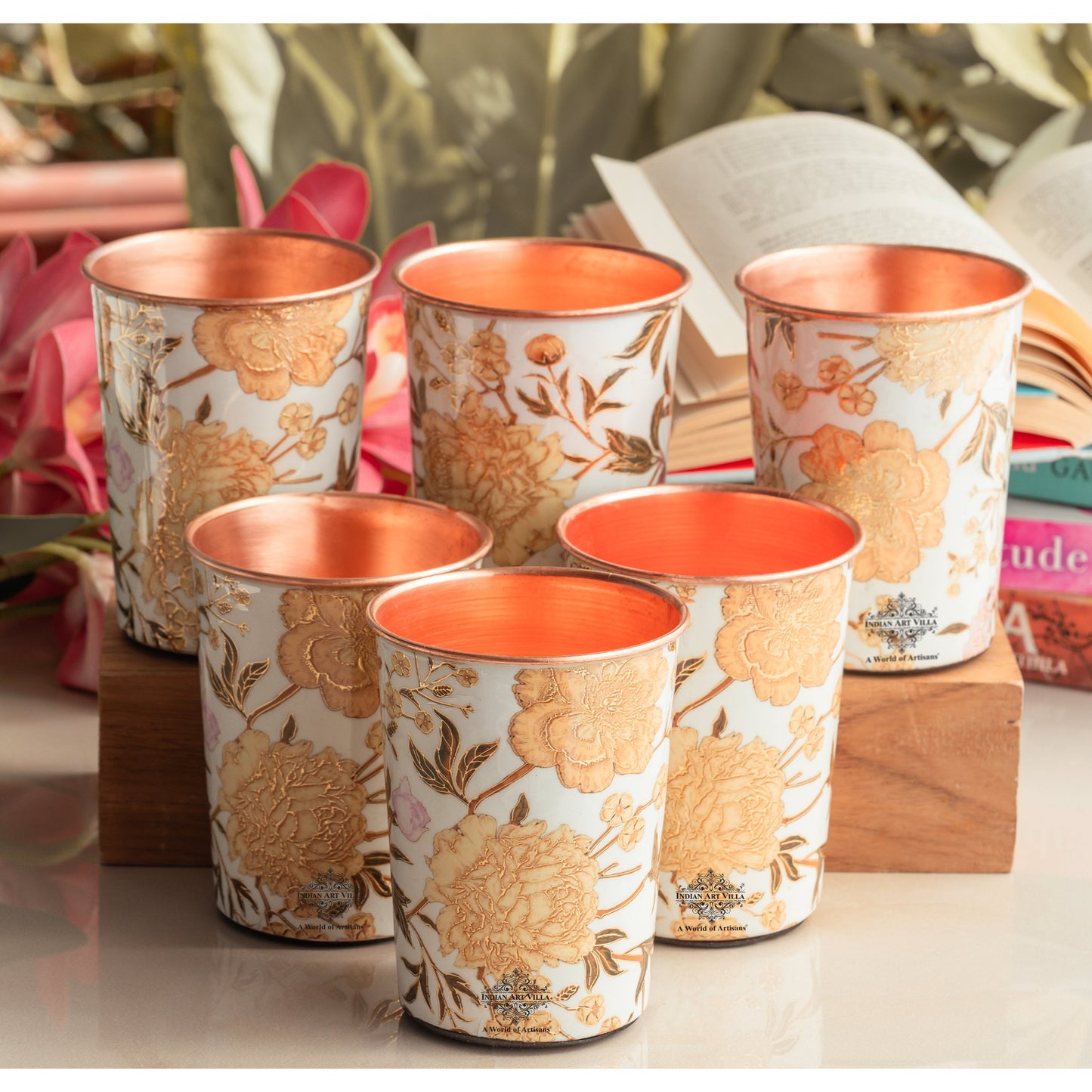 Pure Copper Gold Flower Print Glass – 275 ML
