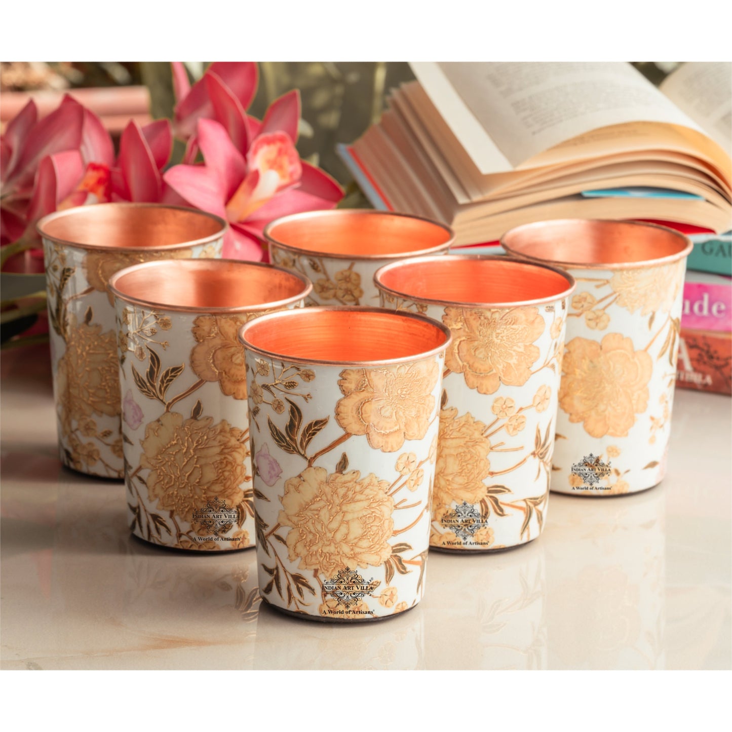 Pure Copper Gold Flower Print Glass – 275 ML