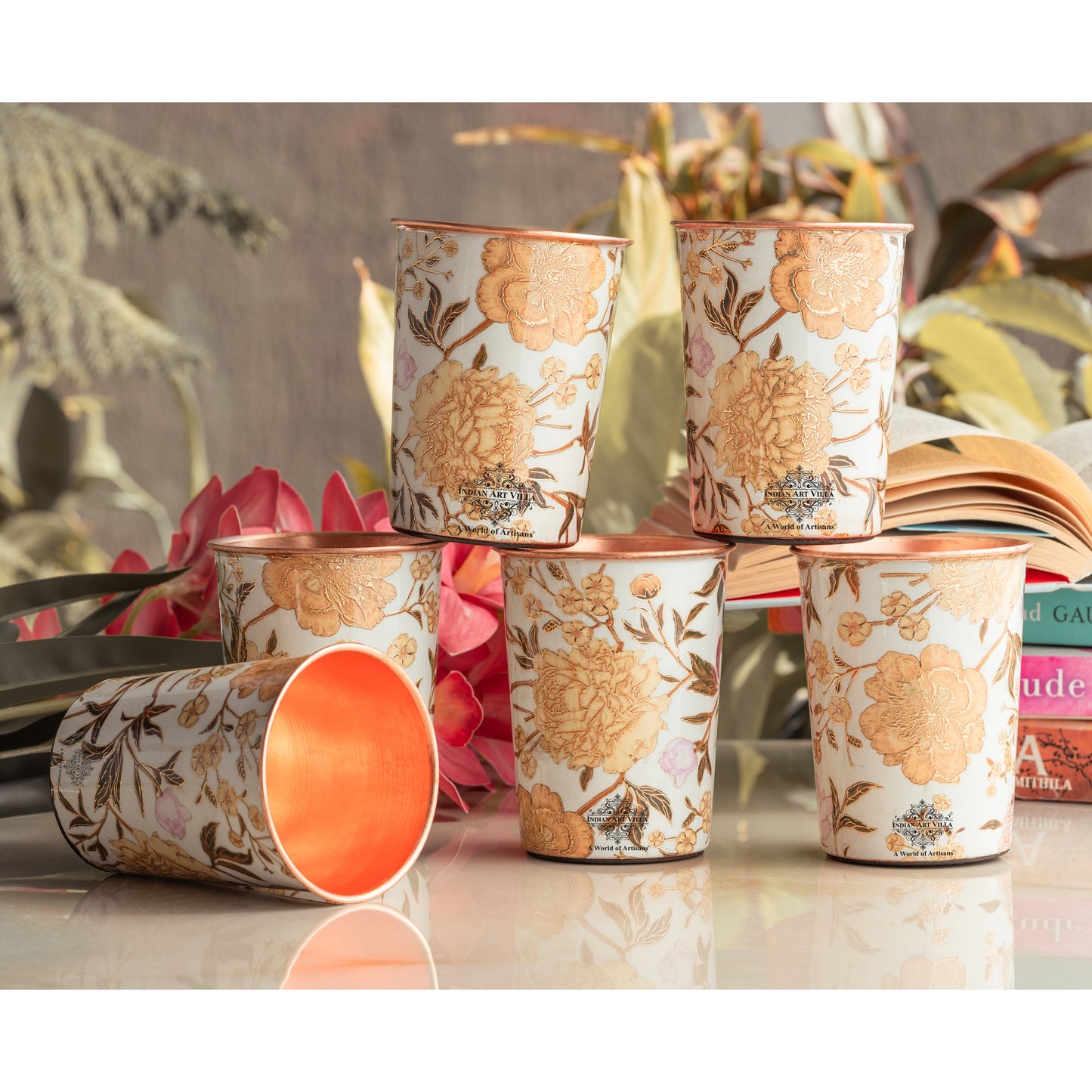Pure Copper Gold Flower Print Glass – 275 ML