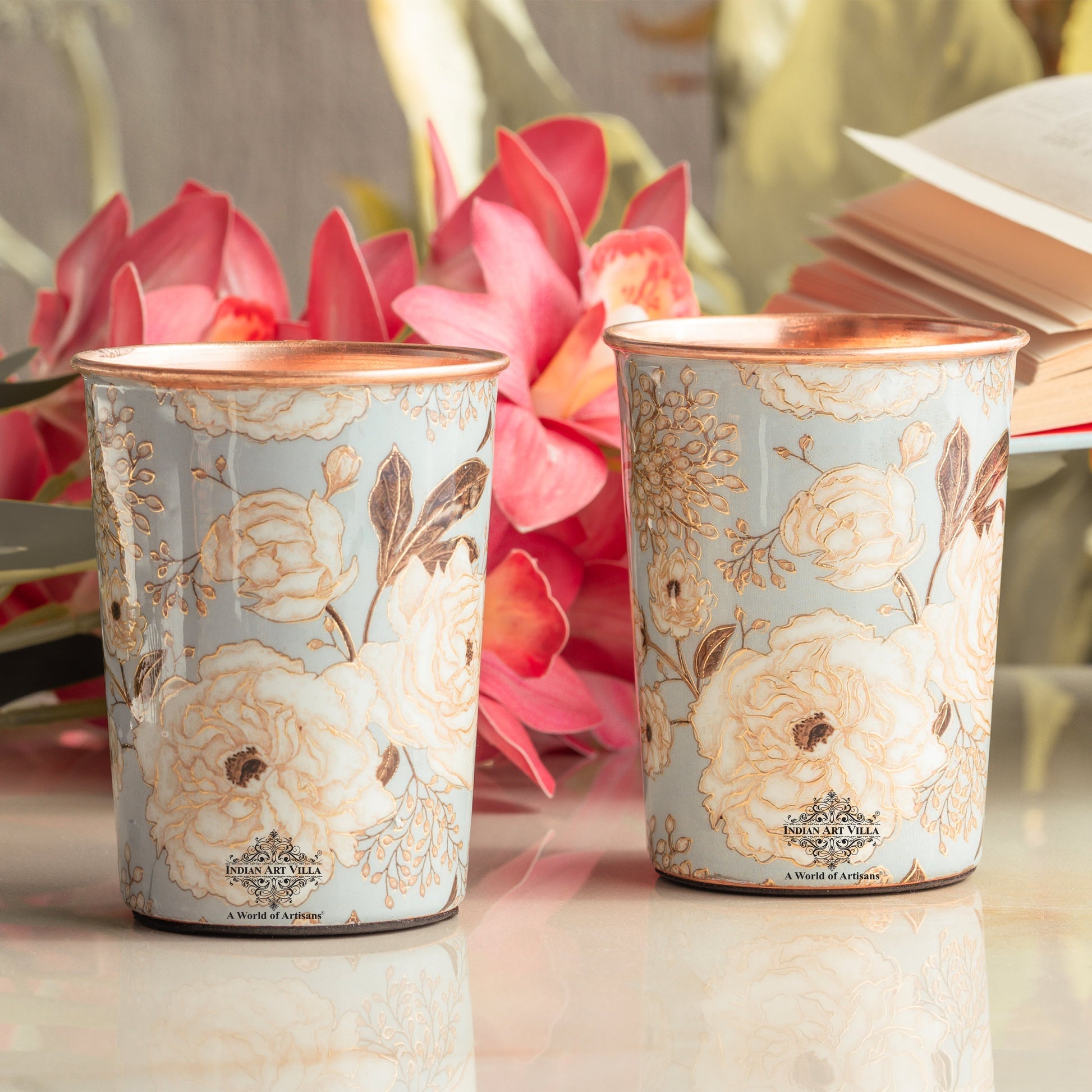 Pure Copper Gold Flower Print Glass – 275 ML