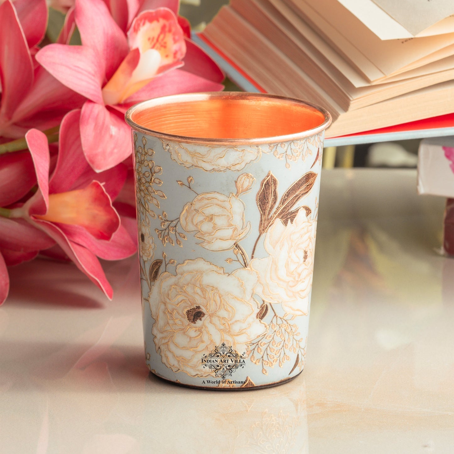 Pure Copper Gold Flower Print Glass – 275 ML