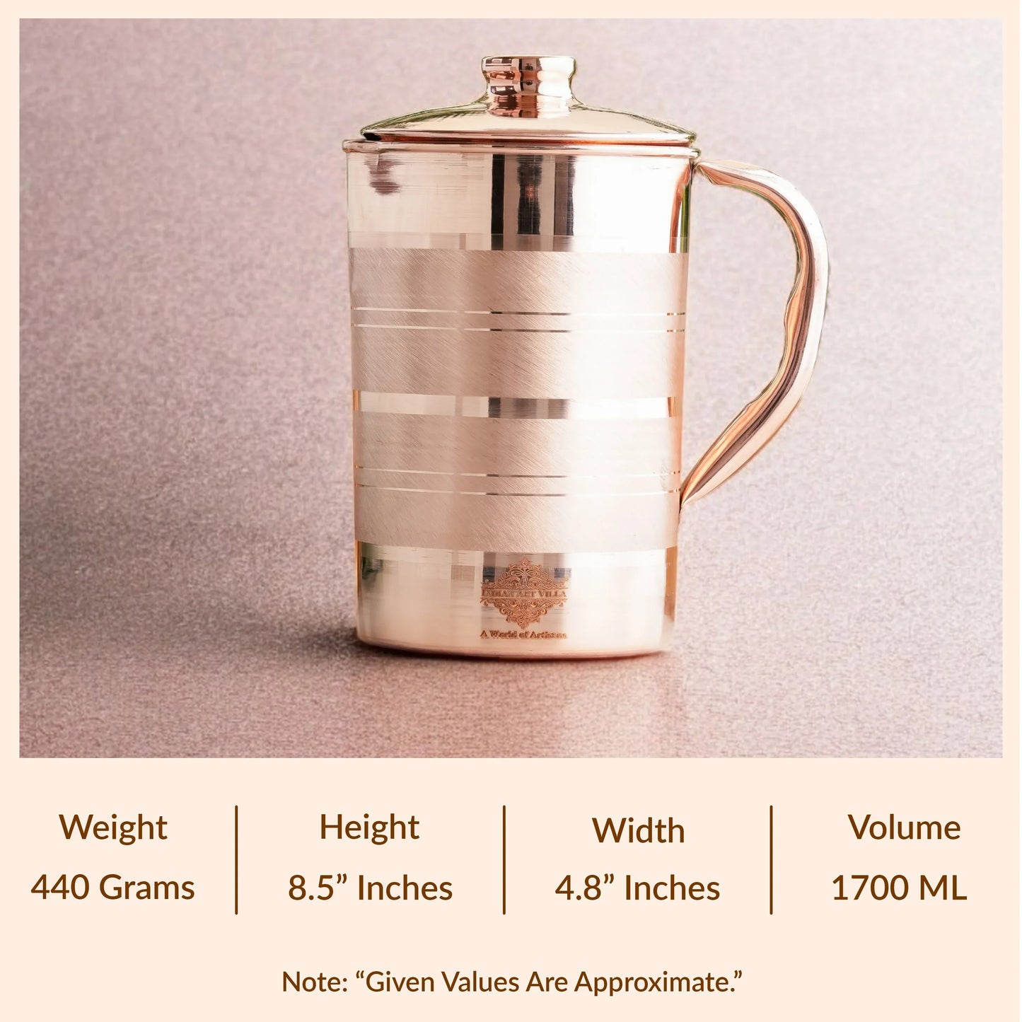 Pure Copper Luxury Design Jug with Lid and Handle – 1700 ML