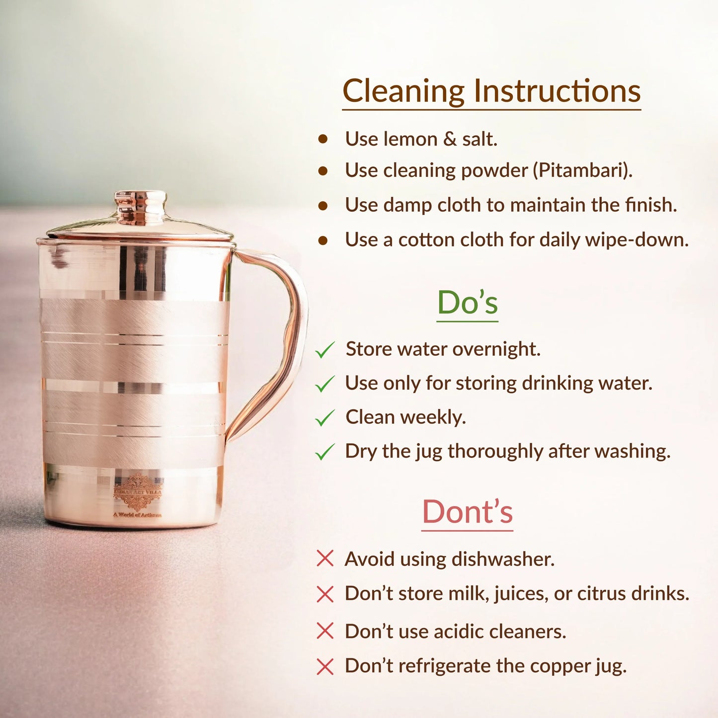 Pure Copper Luxury Design Jug with Lid and Handle – 1700 ML