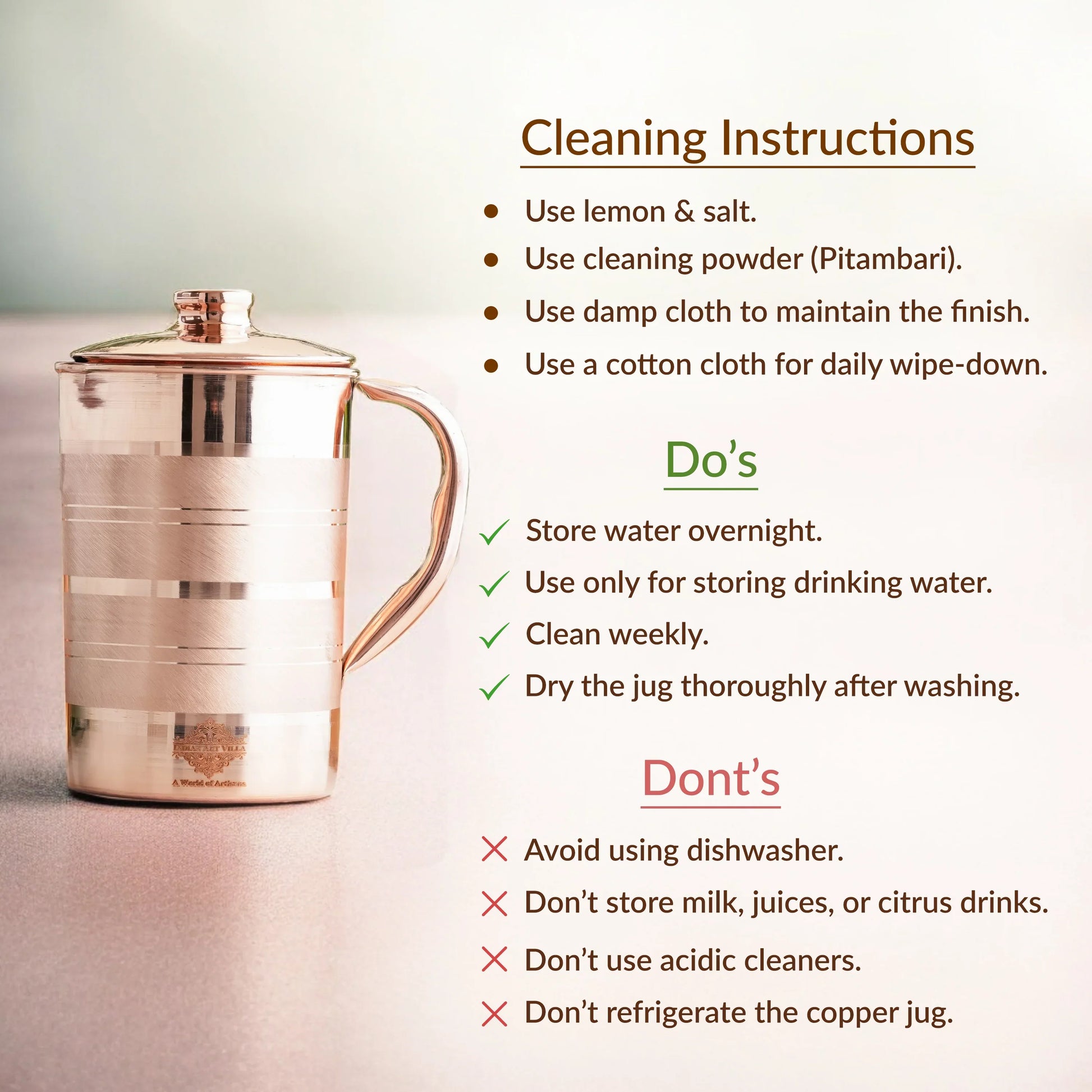 Pure Copper Luxury Design Jug with Lid and Handle – 1700 ML