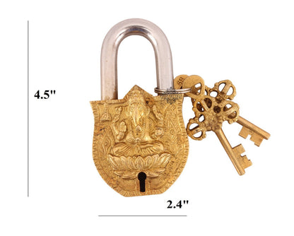 Pure Brass Ganesh Ji Shitting on Lotus Design Lock with 2 Key