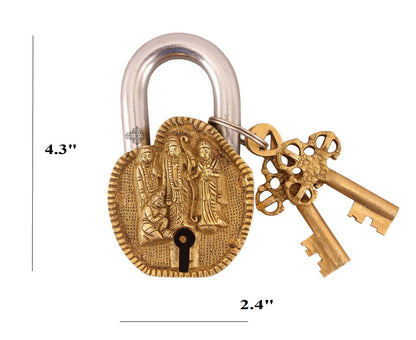 Handmade Old Vintage Style Antique Ram Darbar Design Brass Security Lock with 2 Keys Om Design on Back|Home Temple Office