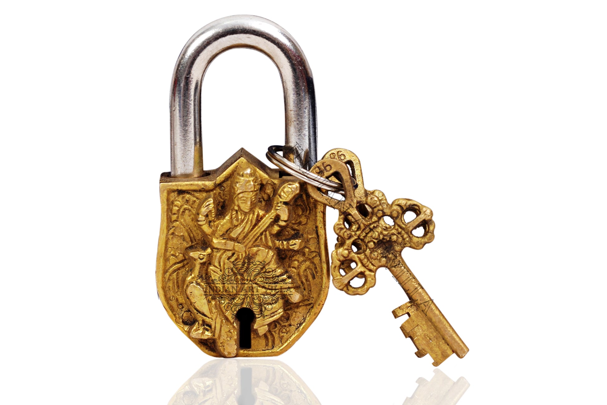 Pure Brass Saraswati Ji Design Big Lock with 2 Keys