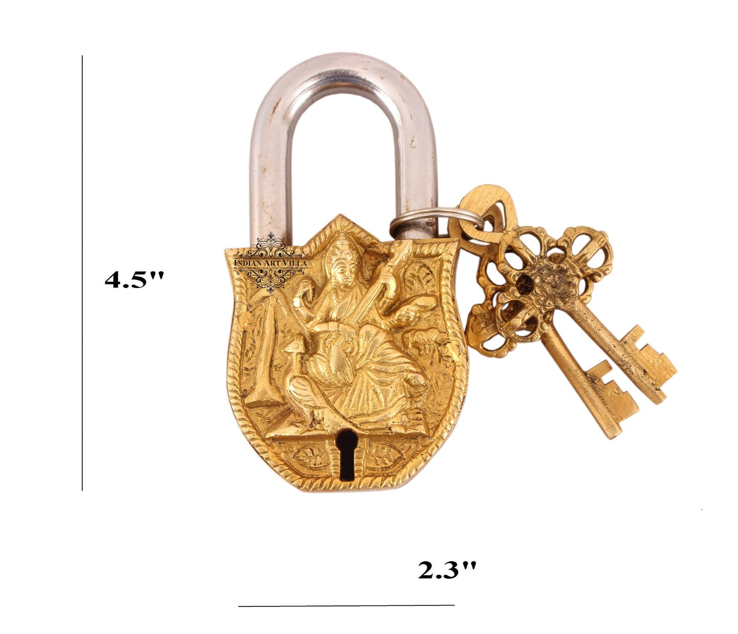 Pure Brass Saraswati Ji Design Big Lock with 2 Keys