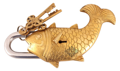 Handmade Brass Old Vintage Style Antique Fish Shape Security Lock with 2 Keys|Home Temple Office