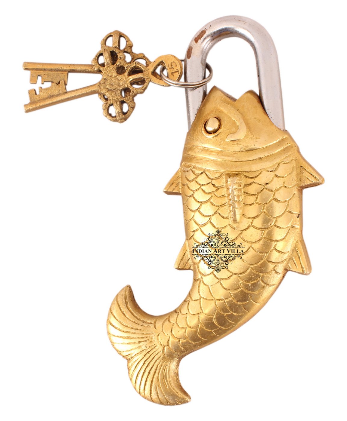 Handmade Brass Old Vintage Style Antique Fish Shape Security Lock with 2 Keys|Home Temple Office