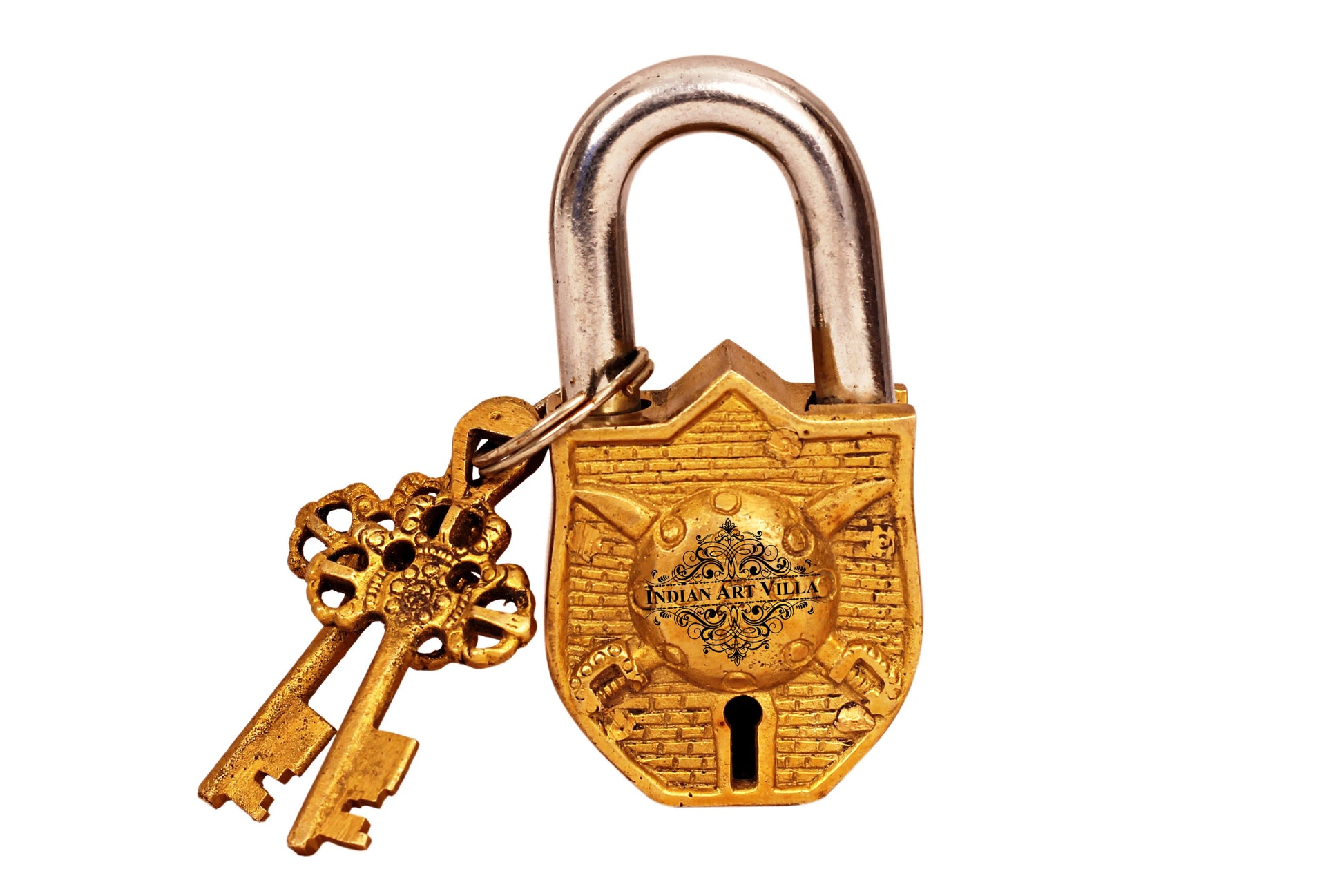 Pure Brass Handmade Sheild & Sword Design Lock With 2 Keys