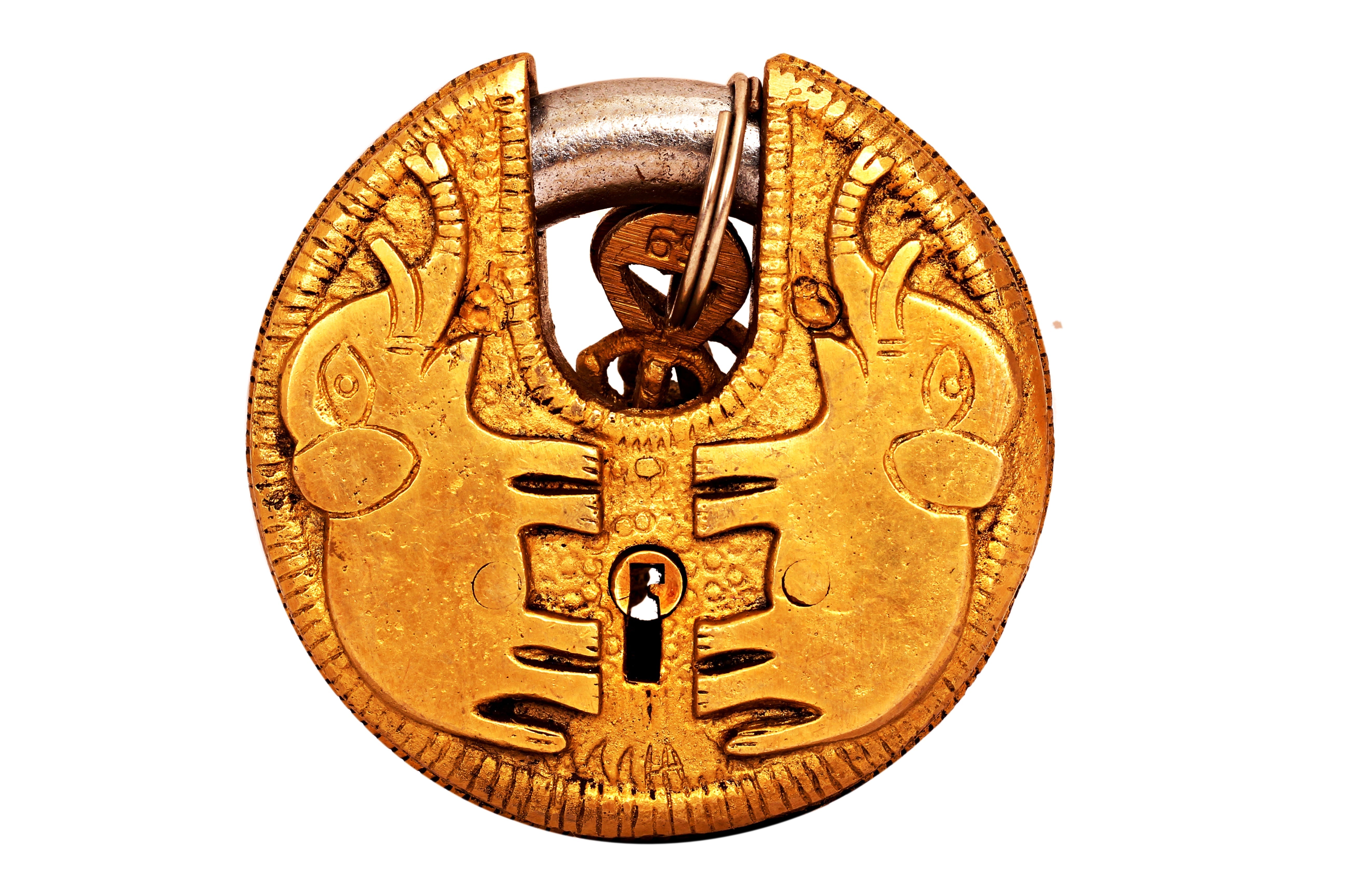 Brass Handmade Elephant Design Round Pad Lock With 2 Keys