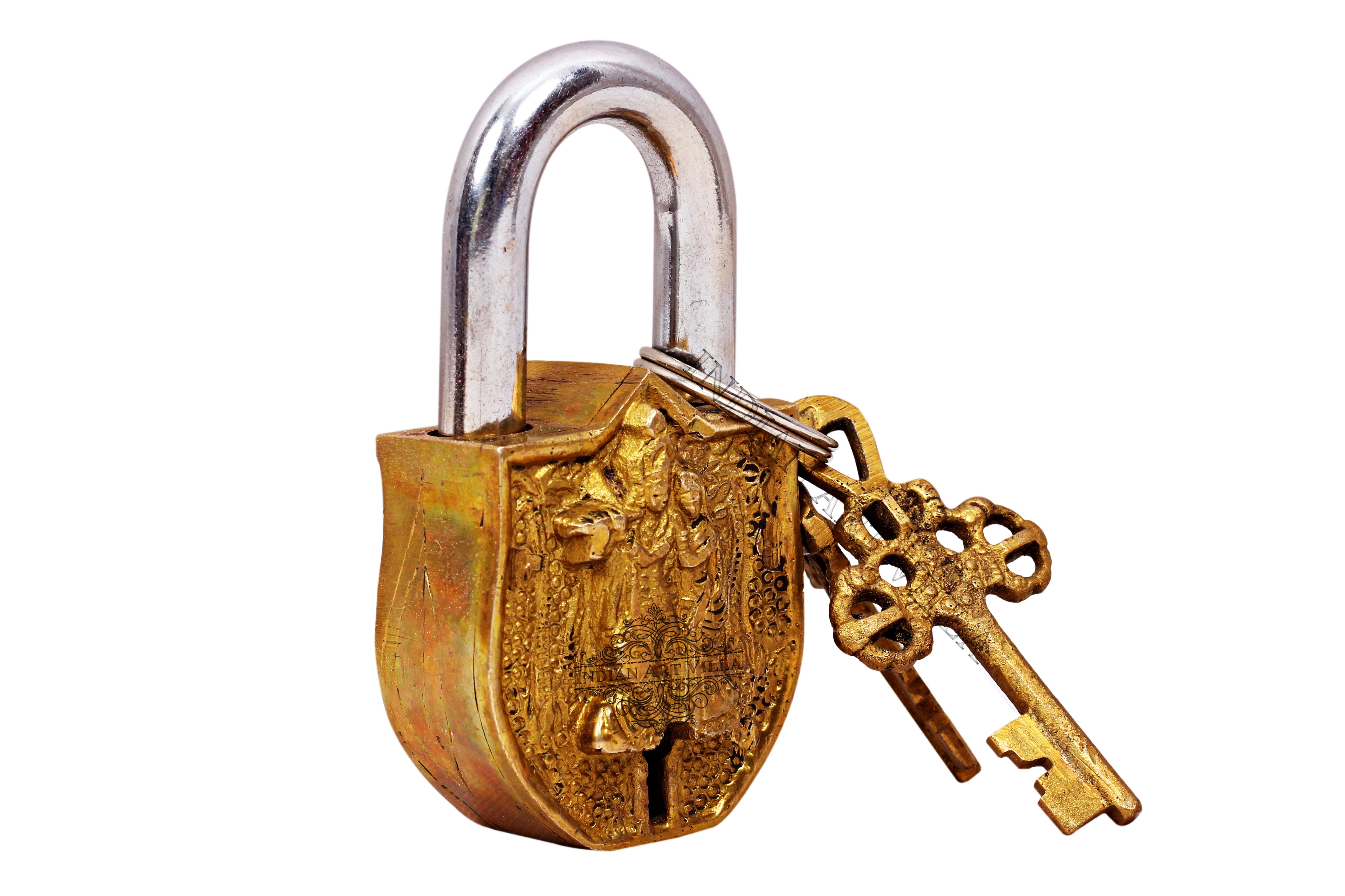 Pure Brass Handmade Radha Krishna Design Pad Lock With 2 Keys