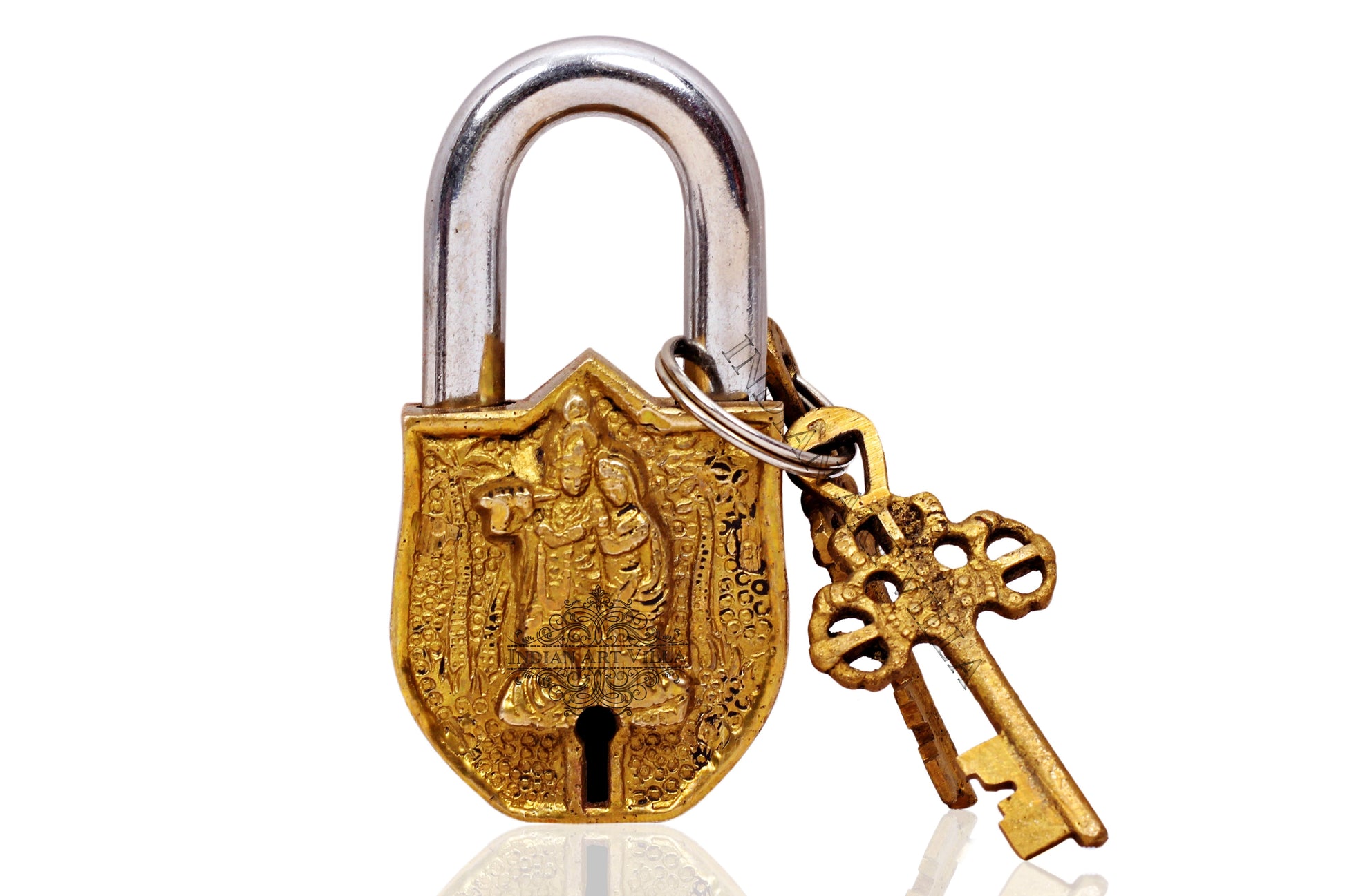 Pure Brass Handmade Radha Krishna Design Pad Lock With 2 Keys