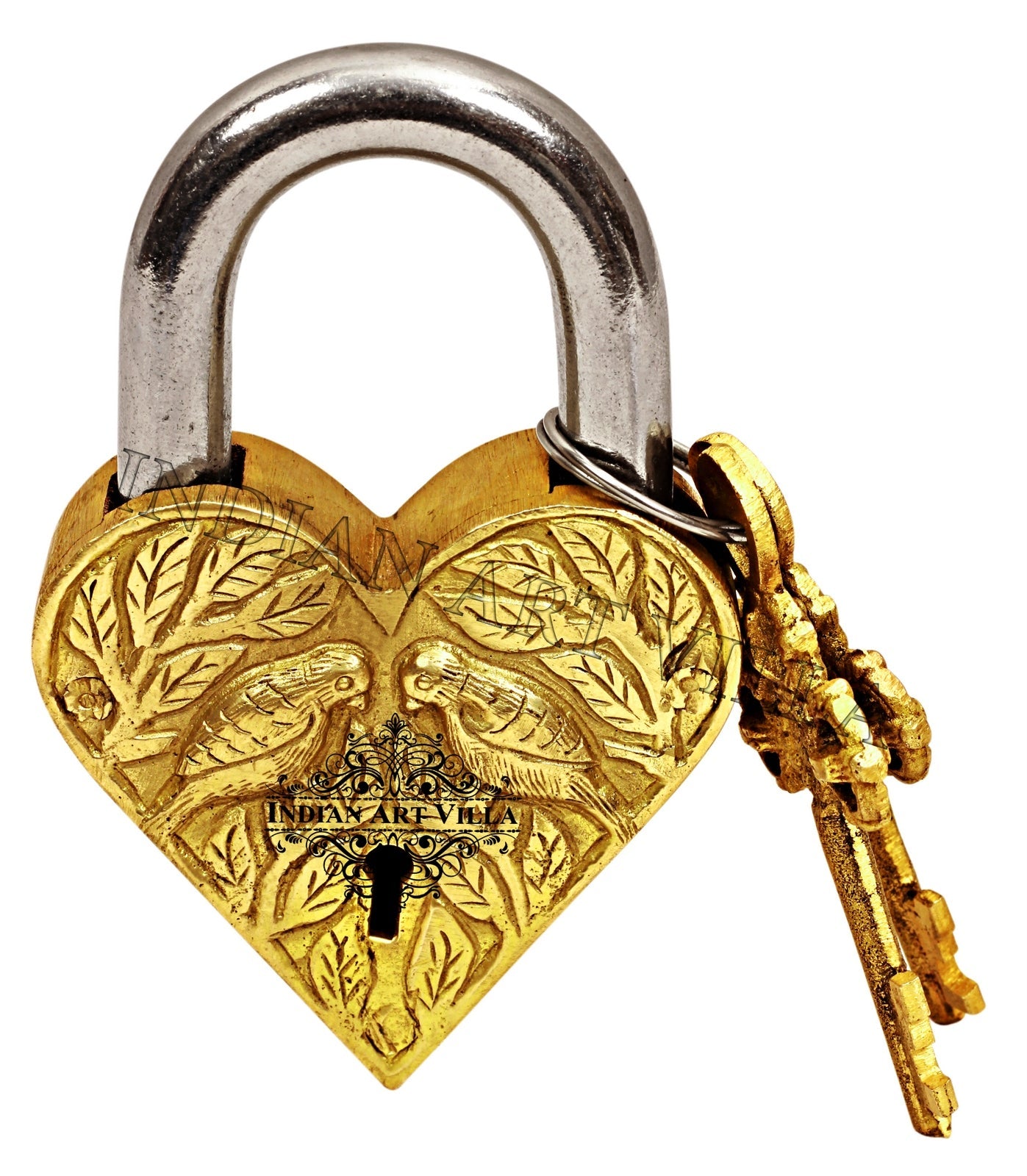Pure Brass Heart Shape Pair of Parrot Design Lock with 2 Keys with 2 keys