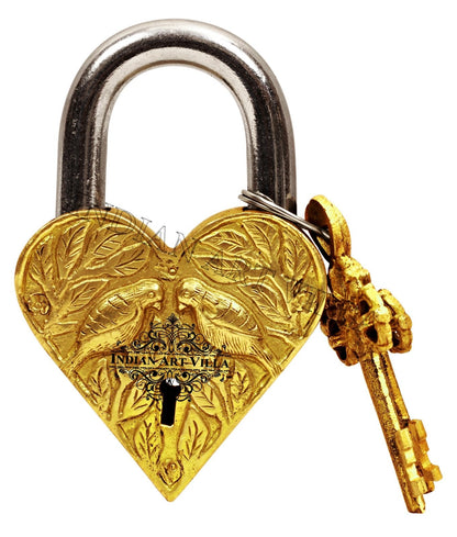 Pure Brass Heart Shape Pair of Parrot Design Lock with 2 Keys with 2 keys
