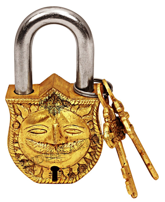 Pure Brass Surya Dev Smiling Sun Design Lock with 2 Keys