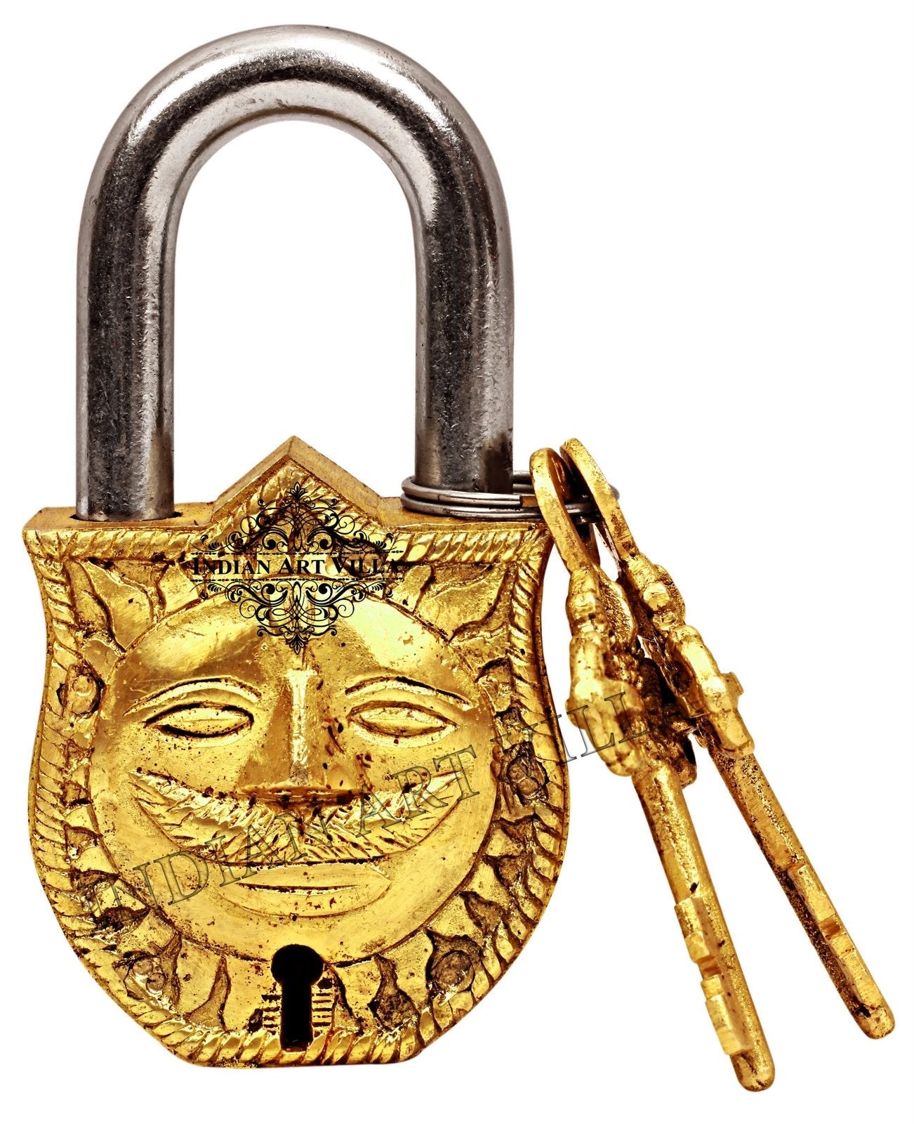Pure Brass Surya Dev Smiling Sun Design Lock with 2 Keys