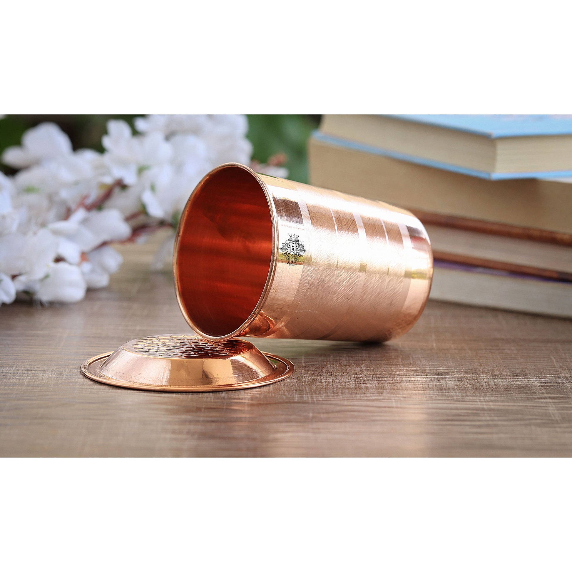 Pure Copper Glass, Tumbler Handcrafted in Luxury Design with a Plain Copper Lid, Drinkware, Serveware, 300 ml