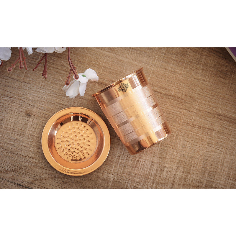 Pure Copper Glass, Tumbler Handcrafted in Luxury Design with a Plain Copper Lid, Drinkware, Serveware, 300 ml