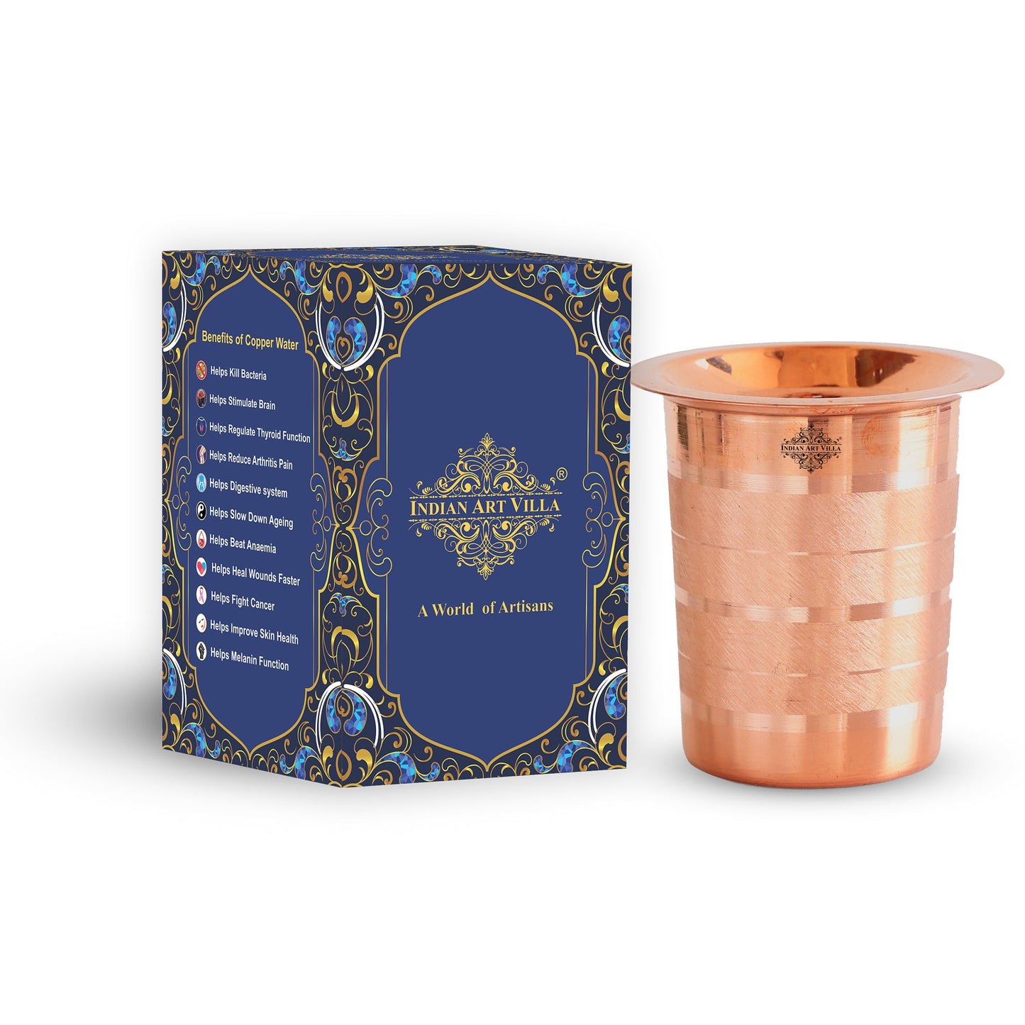 Pure Copper Glass, Tumbler Handcrafted in Luxury Design with a Plain Copper Lid, Drinkware, Serveware, 300 ml