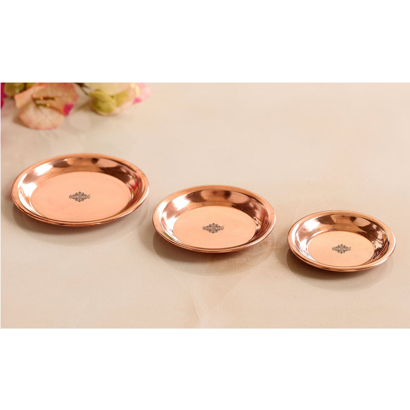 Copper Pooja Thali Plate, Poojan Purpose, Spiritual Gift Item, Set of 6 Copper Plate (Brown)