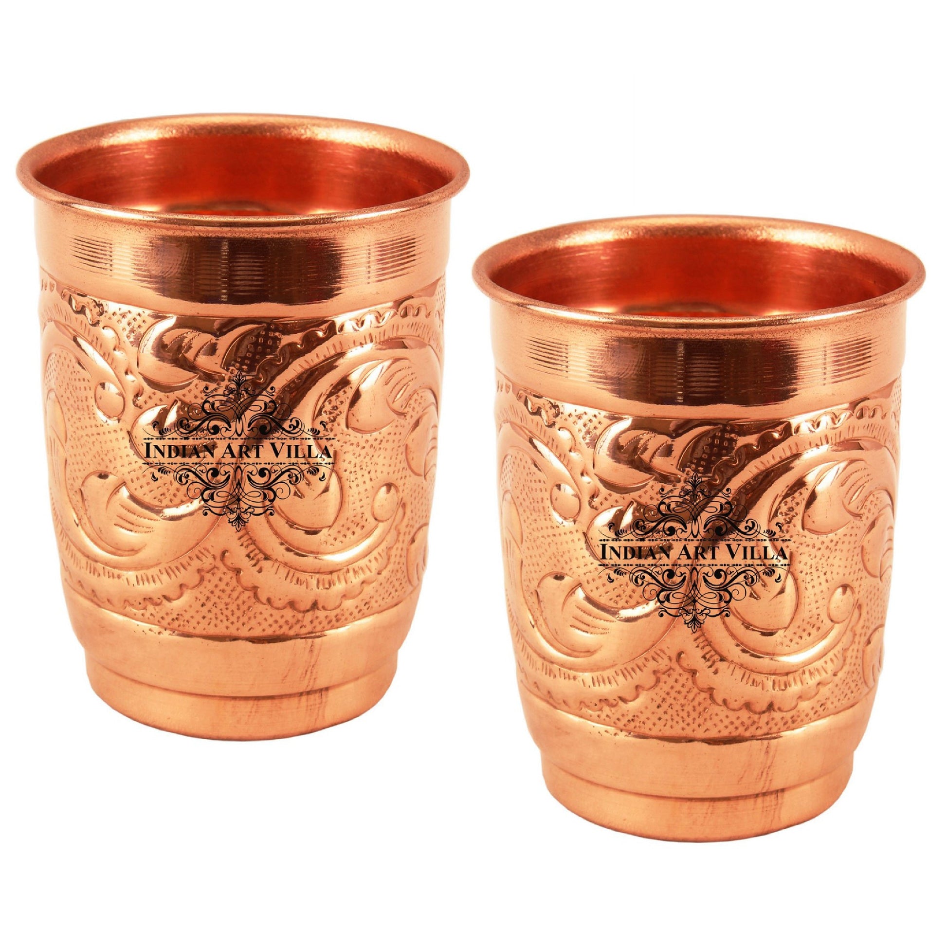 Pure Copper Engraved Leaf Design Glass 400ML
