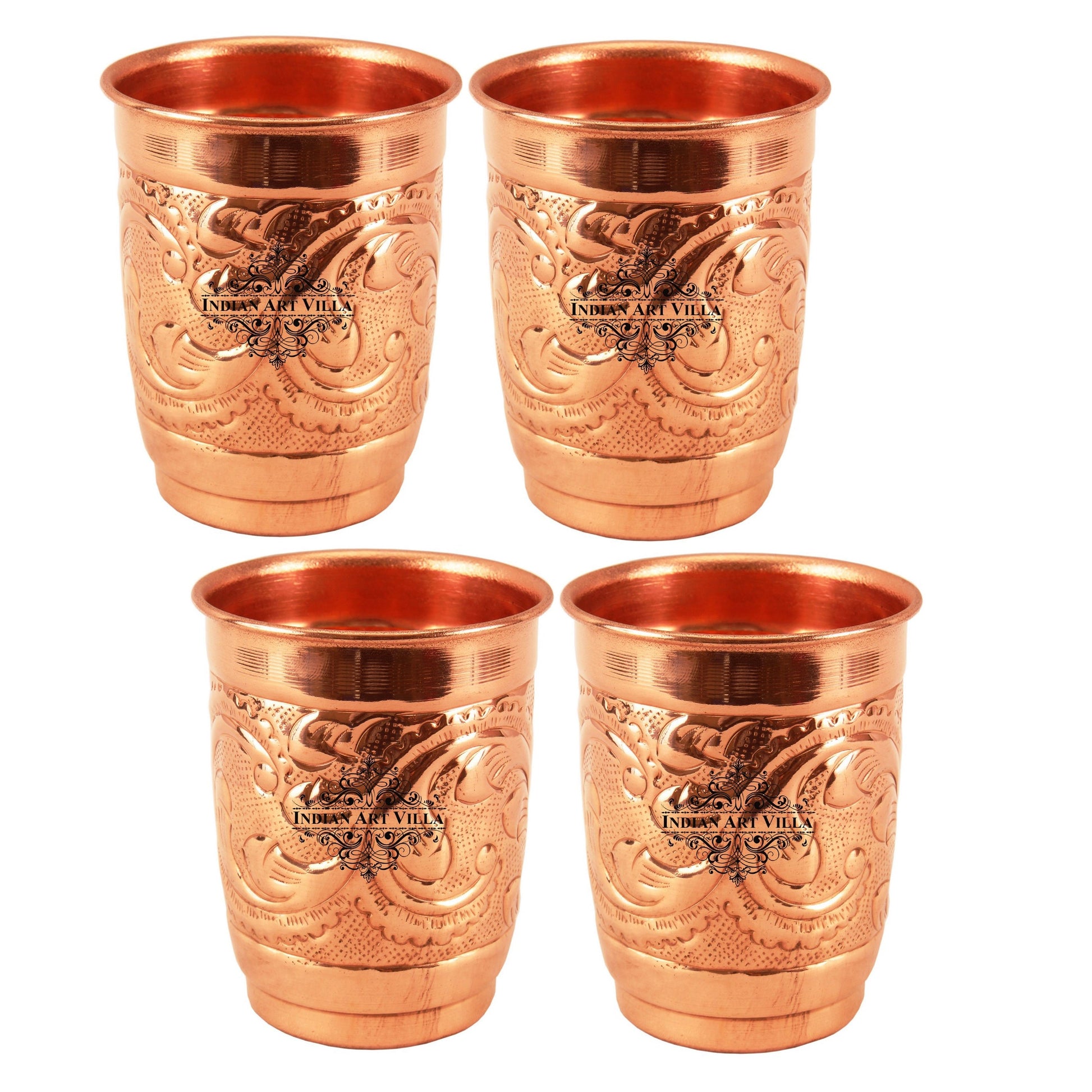 Pure Copper Engraved Leaf Design Glass 400ML
