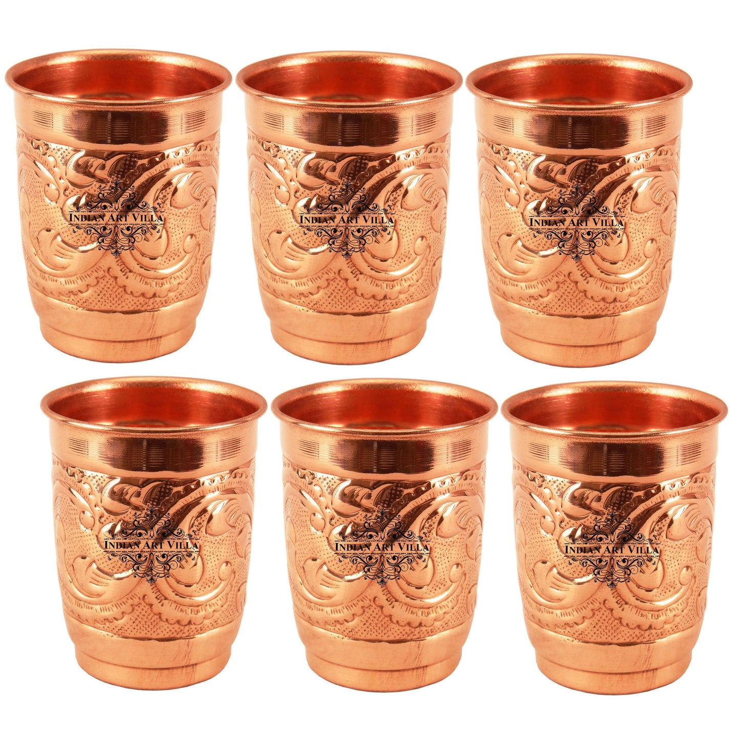 Pure Copper Engraved Leaf Design Glass 400ML