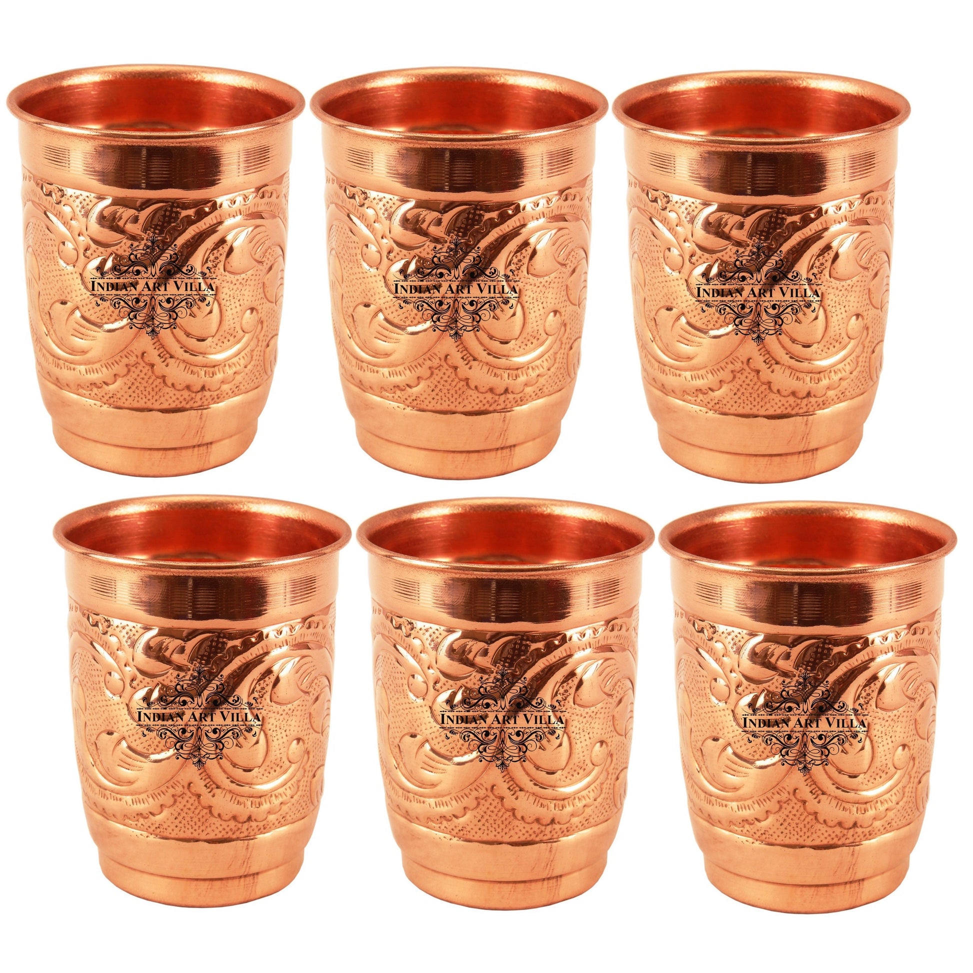 Pure Copper Engraved Leaf Design Glass 400ML