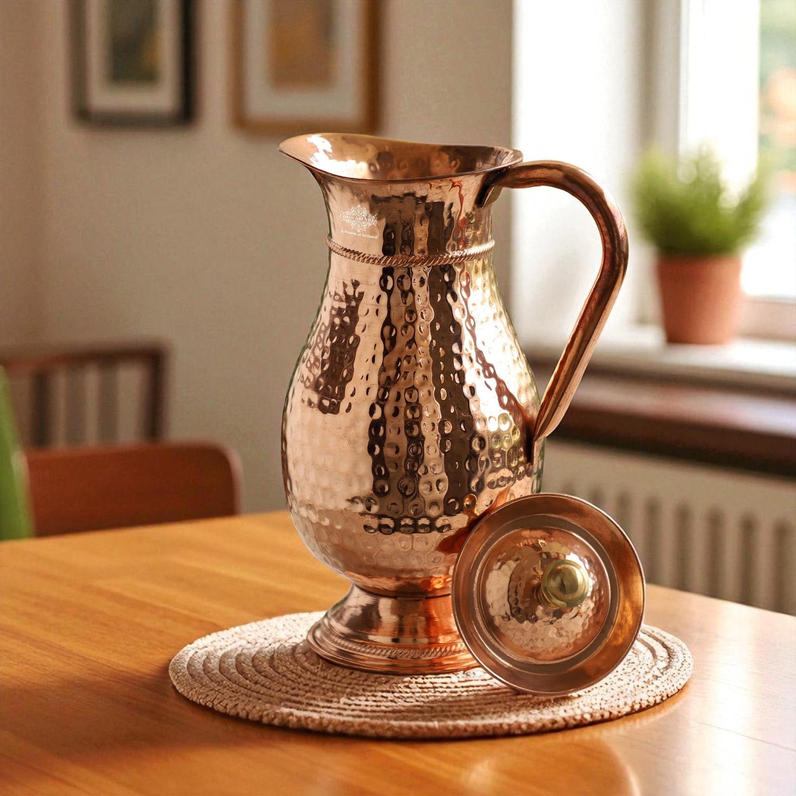 Pure Copper Antique Hammered Design Mughlai Jug with Lid