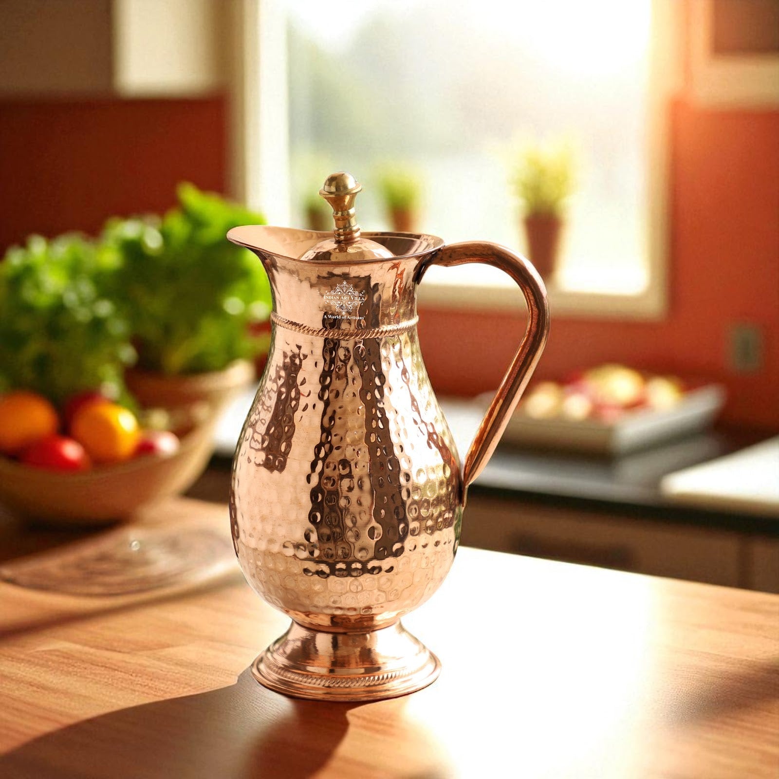 Pure Copper Antique Hammered Design Mughlai Jug with Lid