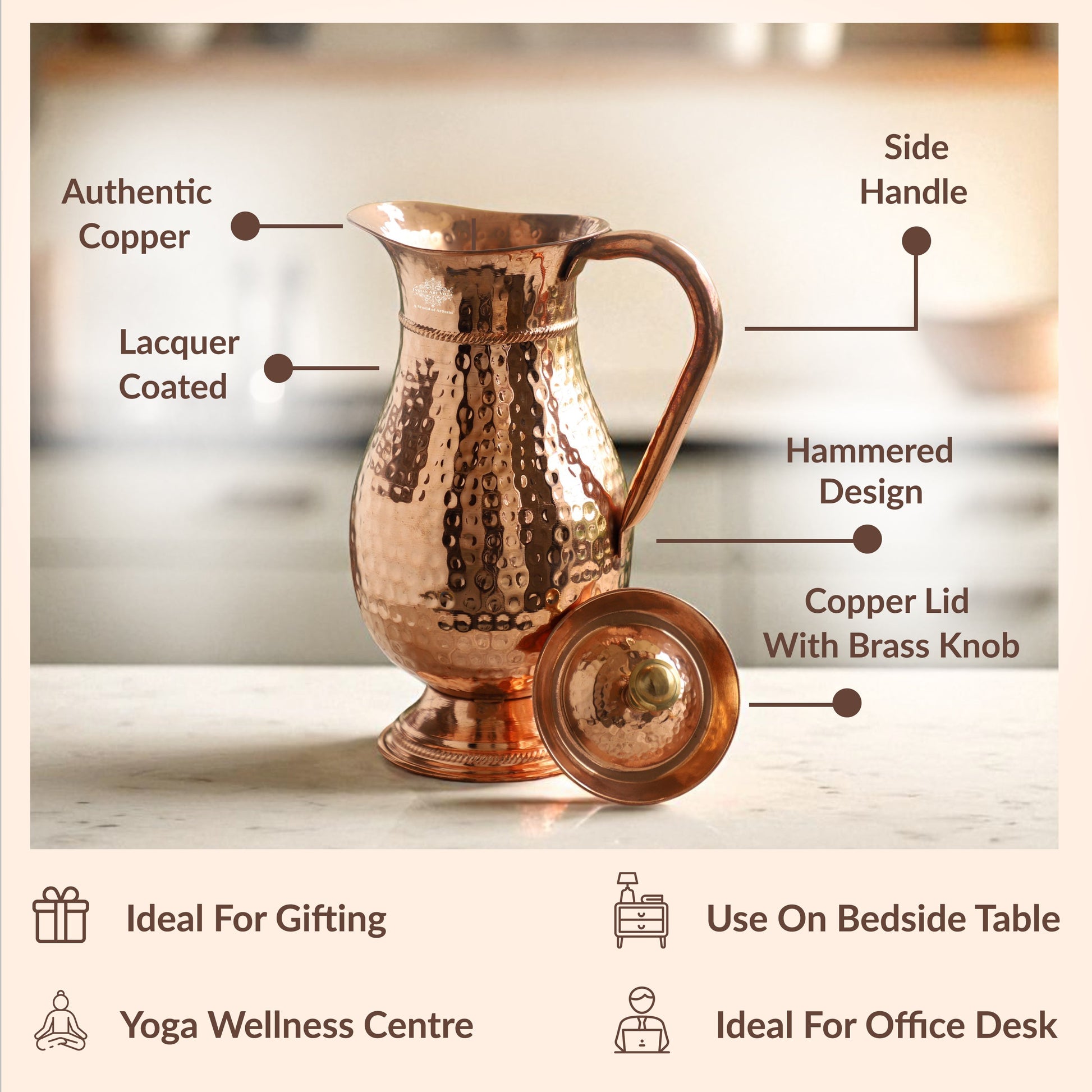 Pure Copper Antique Hammered Design Mughlai Jug with Lid