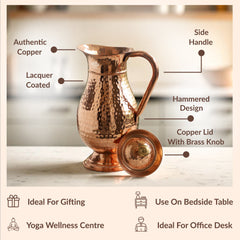 Pure Copper Antique Hammered Design Mughlai Jug with Lid