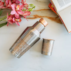 Antique Finish Half Embossed Copper Bottle with Inbullt Glass - 1350 ML